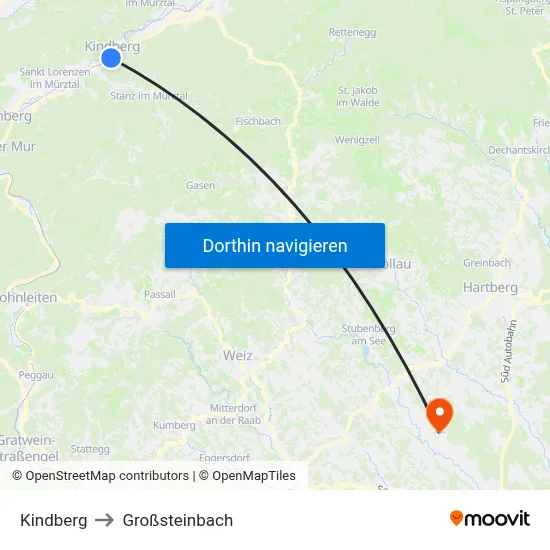 Kindberg to Großsteinbach map