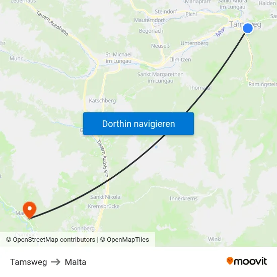 Tamsweg to Malta map