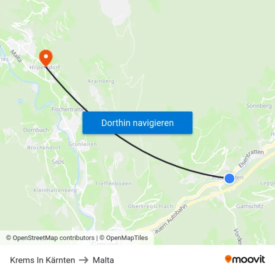 Krems In Kärnten to Malta map