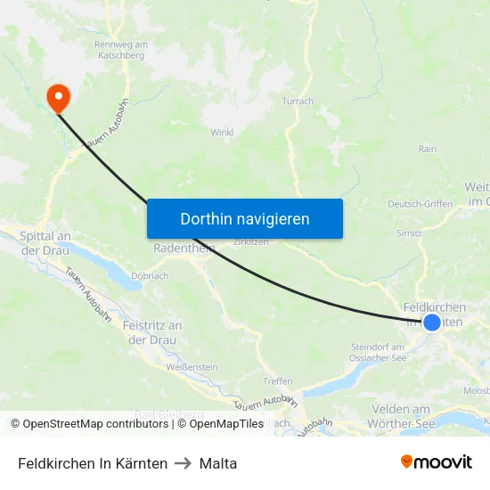 Feldkirchen In Kärnten to Malta map