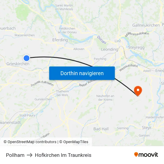 Pollham to Hofkirchen Im Traunkreis map