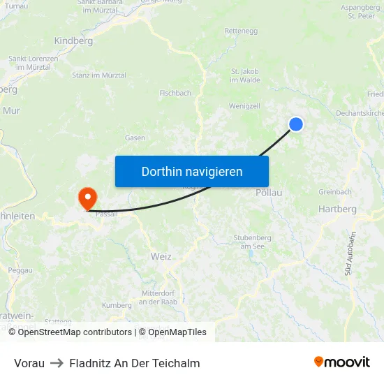 Vorau to Fladnitz An Der Teichalm map