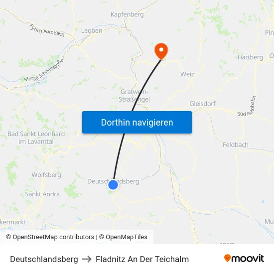Deutschlandsberg to Fladnitz An Der Teichalm map