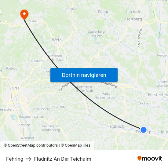 Fehring to Fladnitz An Der Teichalm map