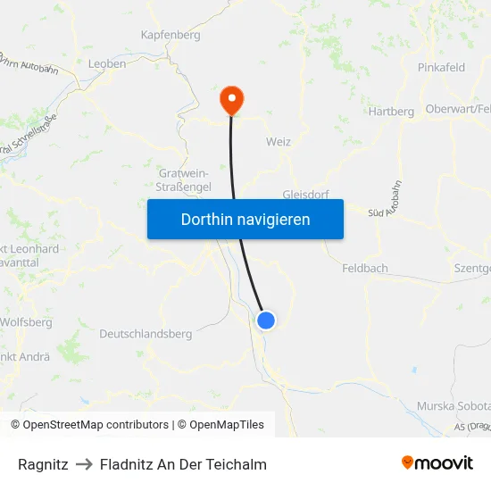Ragnitz to Fladnitz An Der Teichalm map