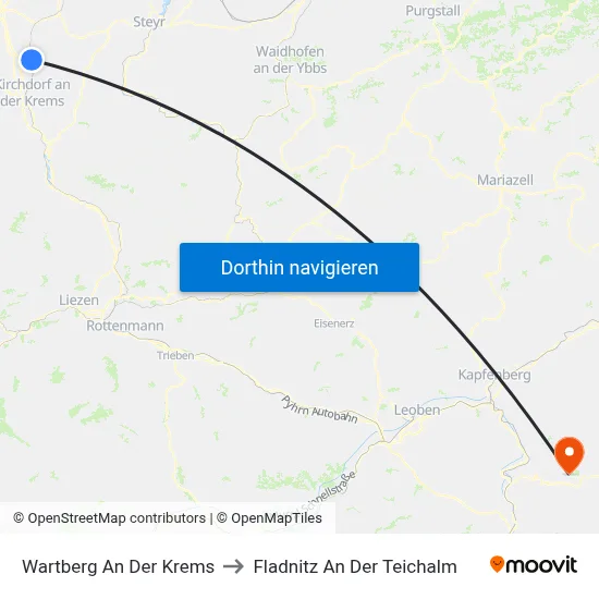 Wartberg An Der Krems to Fladnitz An Der Teichalm map