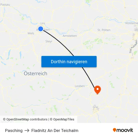 Pasching to Fladnitz An Der Teichalm map