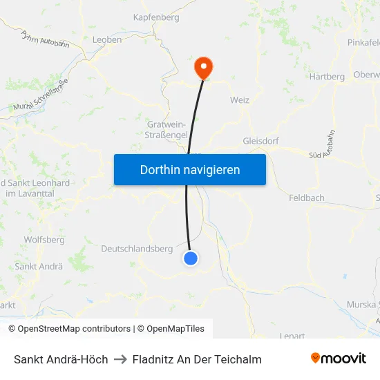 Sankt Andrä-Höch to Fladnitz An Der Teichalm map