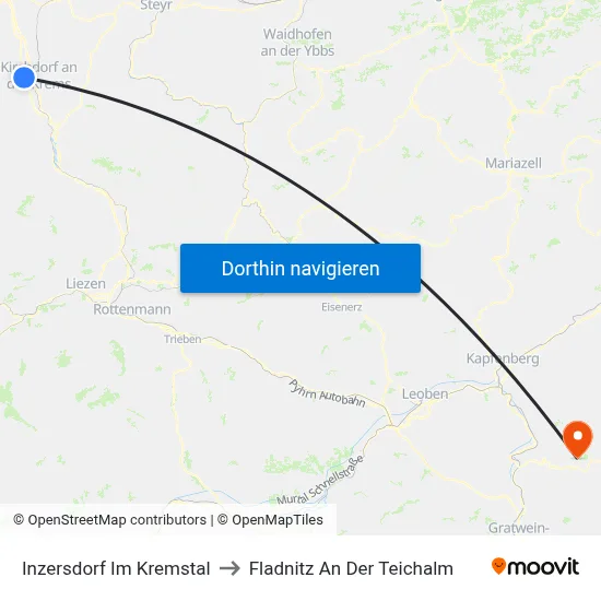 Inzersdorf Im Kremstal to Fladnitz An Der Teichalm map