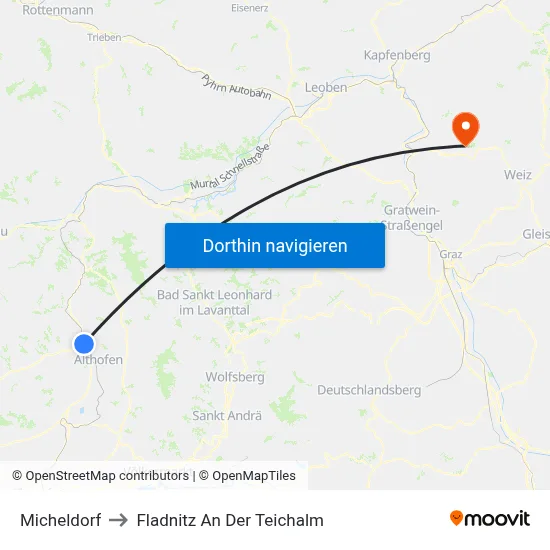 Micheldorf to Fladnitz An Der Teichalm map