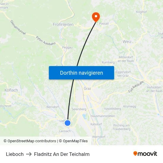 Lieboch to Fladnitz An Der Teichalm map