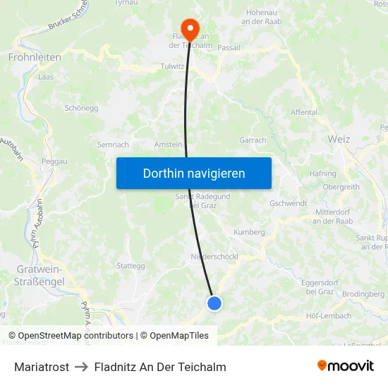 Mariatrost to Fladnitz An Der Teichalm map