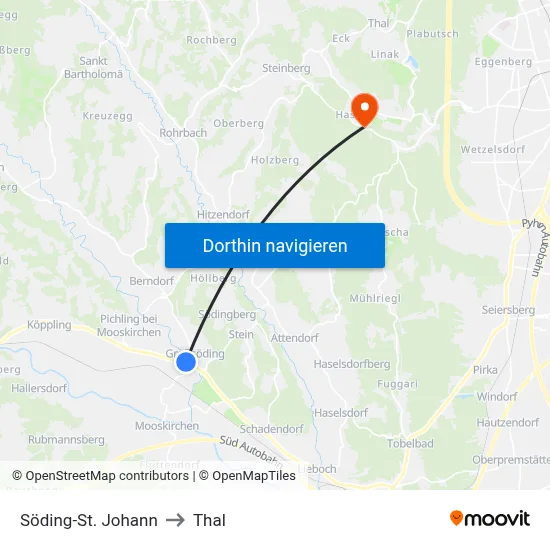 Söding-St. Johann to Thal map