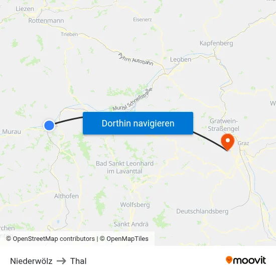 Niederwölz to Thal map