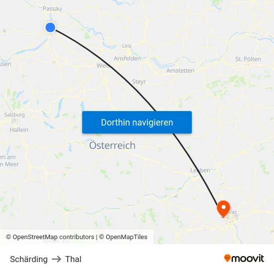 Schärding to Thal map