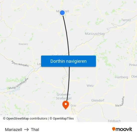 Mariazell to Thal map