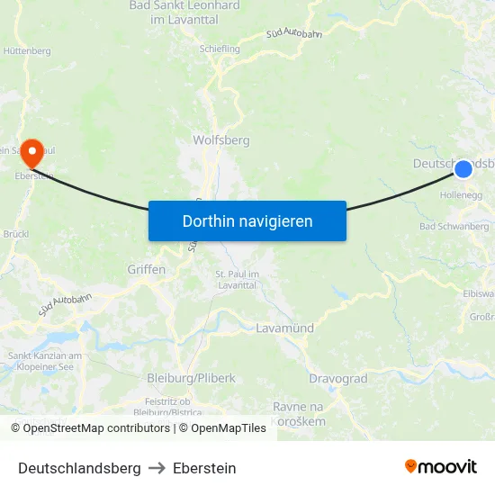 Deutschlandsberg to Eberstein map