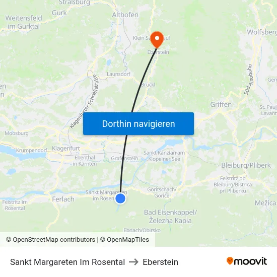 Sankt Margareten Im Rosental to Eberstein map