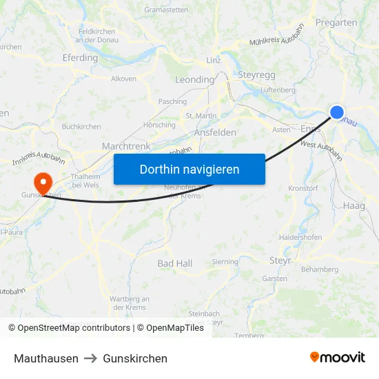 Mauthausen to Gunskirchen map
