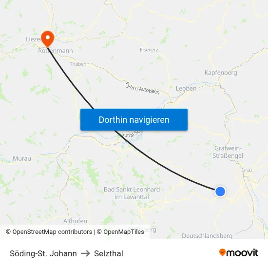 Söding-St. Johann to Selzthal map