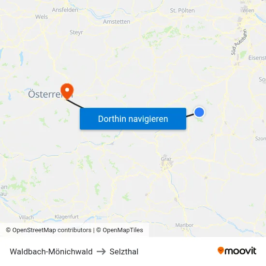 Waldbach-Mönichwald to Selzthal map