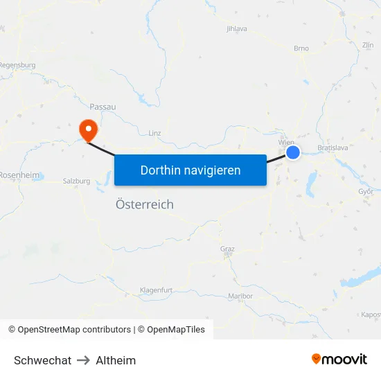 Schwechat to Altheim map