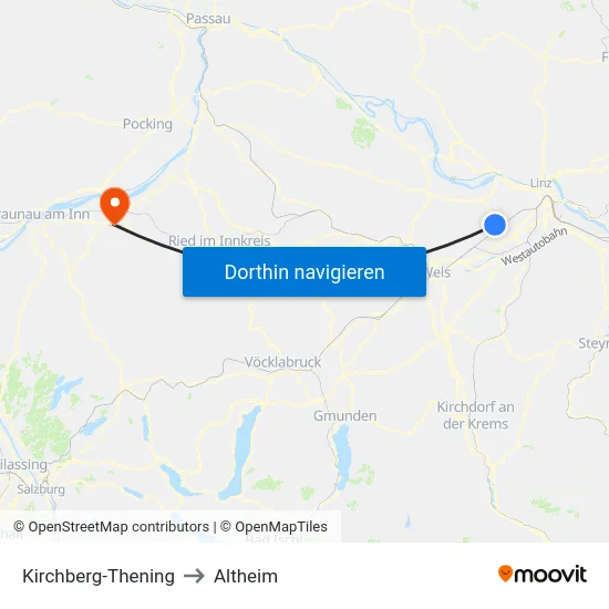 Kirchberg-Thening to Altheim map