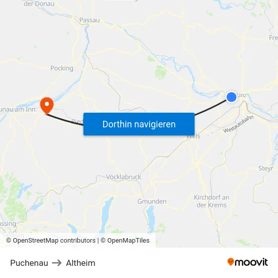 Puchenau to Altheim map