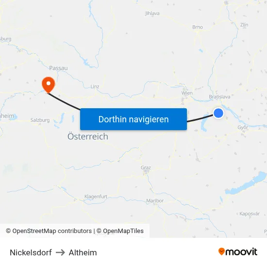 Nickelsdorf to Altheim map
