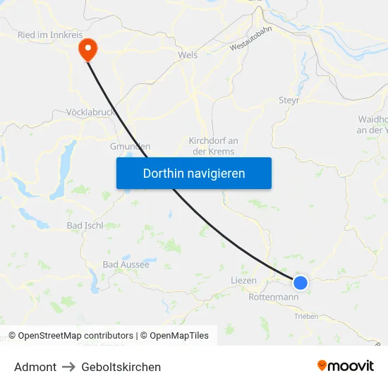 Admont to Geboltskirchen map