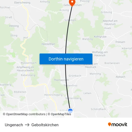 Ungenach to Geboltskirchen map