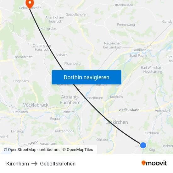 Kirchham to Geboltskirchen map