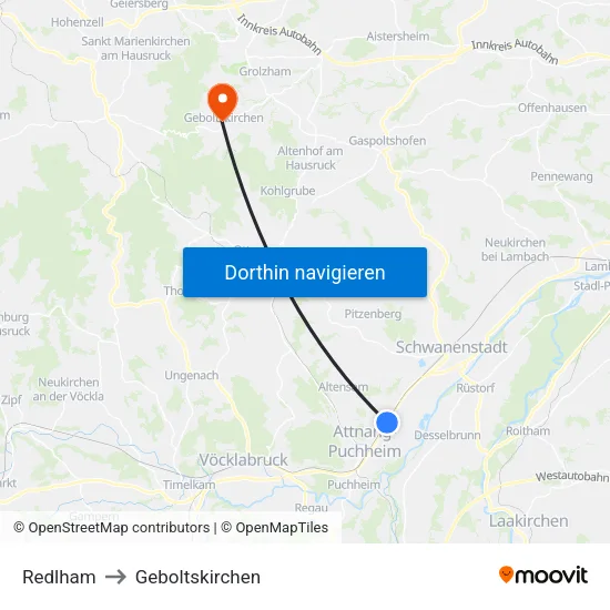 Redlham to Geboltskirchen map