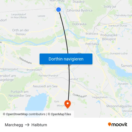 Marchegg to Halbturn map