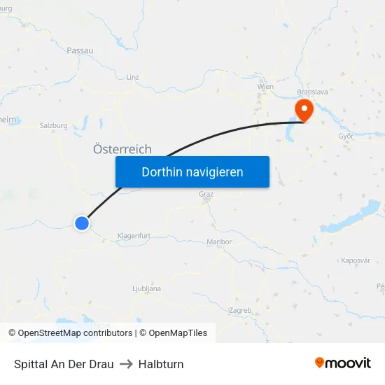 Spittal An Der Drau to Halbturn map