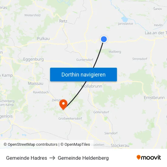 Gemeinde Hadres to Gemeinde Heldenberg map