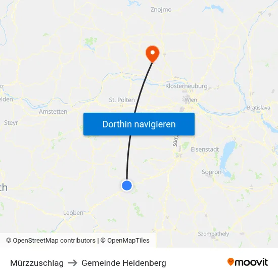Mürzzuschlag to Gemeinde Heldenberg map