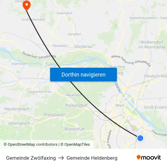Gemeinde Zwölfaxing to Gemeinde Heldenberg map