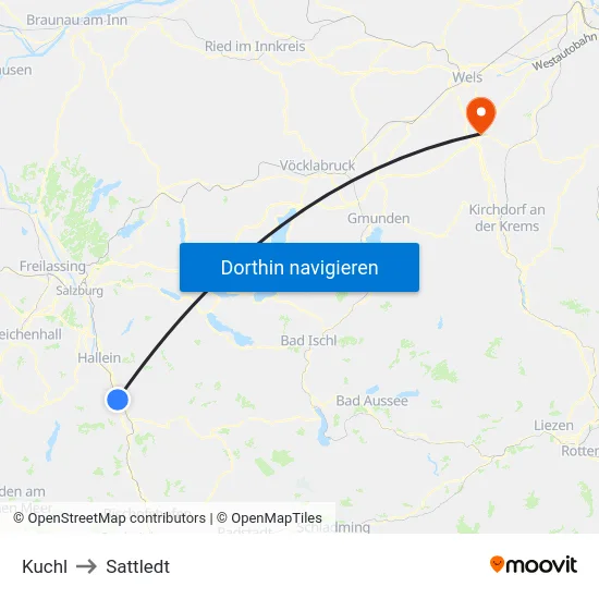 Kuchl to Sattledt map