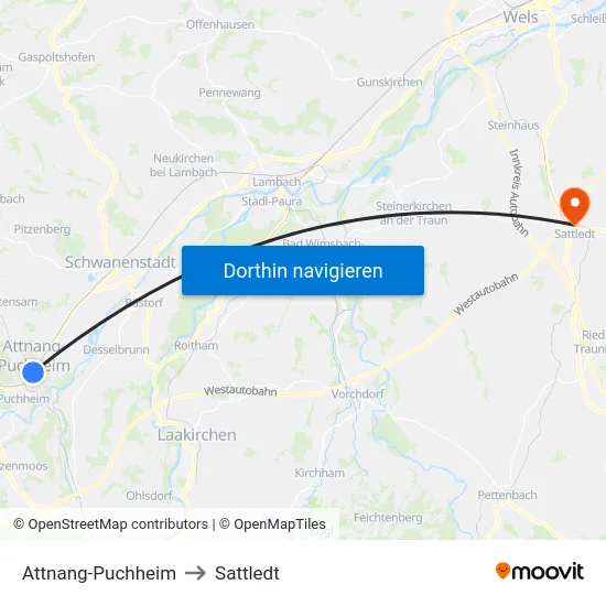 Attnang-Puchheim to Sattledt map