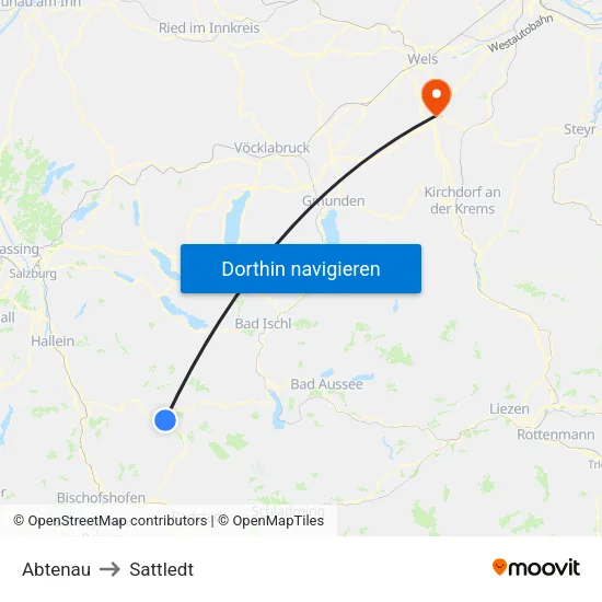 Abtenau to Sattledt map