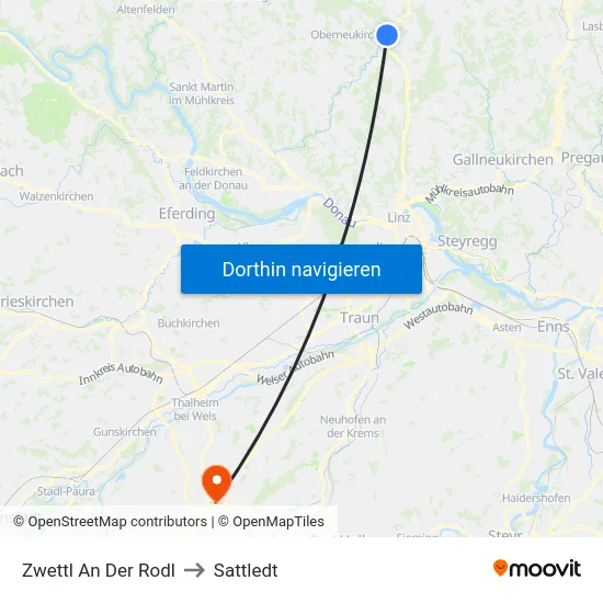 Zwettl An Der Rodl to Sattledt map