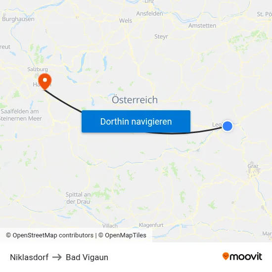 Niklasdorf to Bad Vigaun map