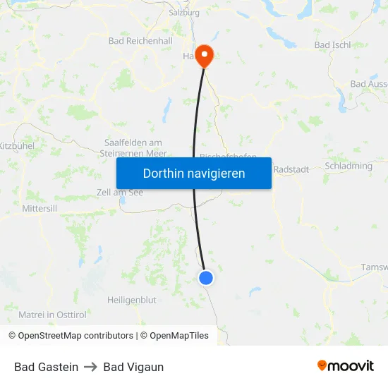 Bad Gastein to Bad Vigaun map