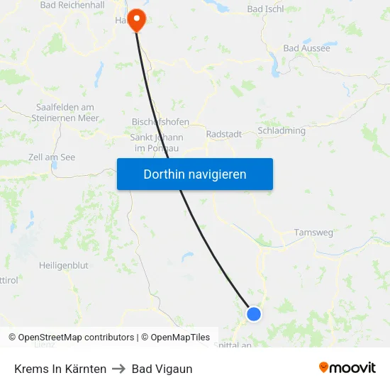 Krems In Kärnten to Bad Vigaun map