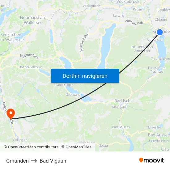 Gmunden to Bad Vigaun map