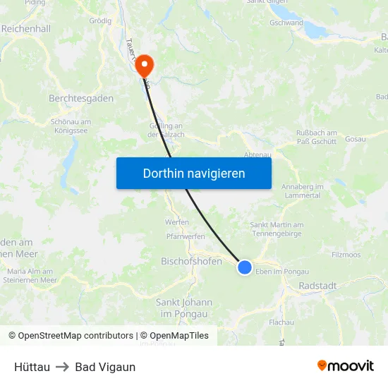 Hüttau to Bad Vigaun map