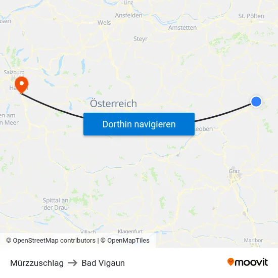 Mürzzuschlag to Bad Vigaun map
