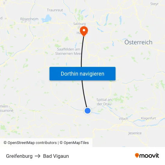 Greifenburg to Bad Vigaun map