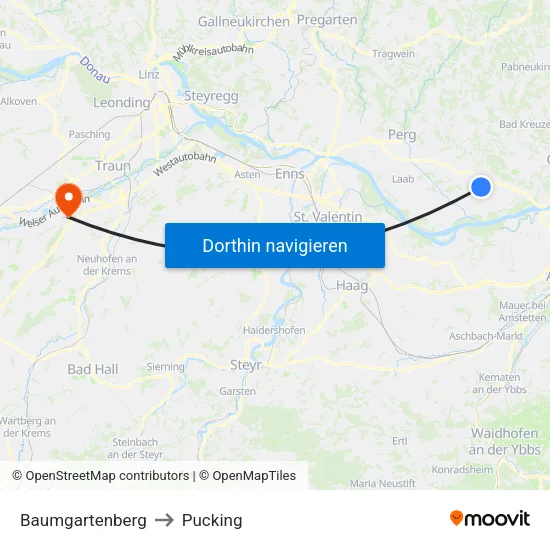 Baumgartenberg to Pucking map